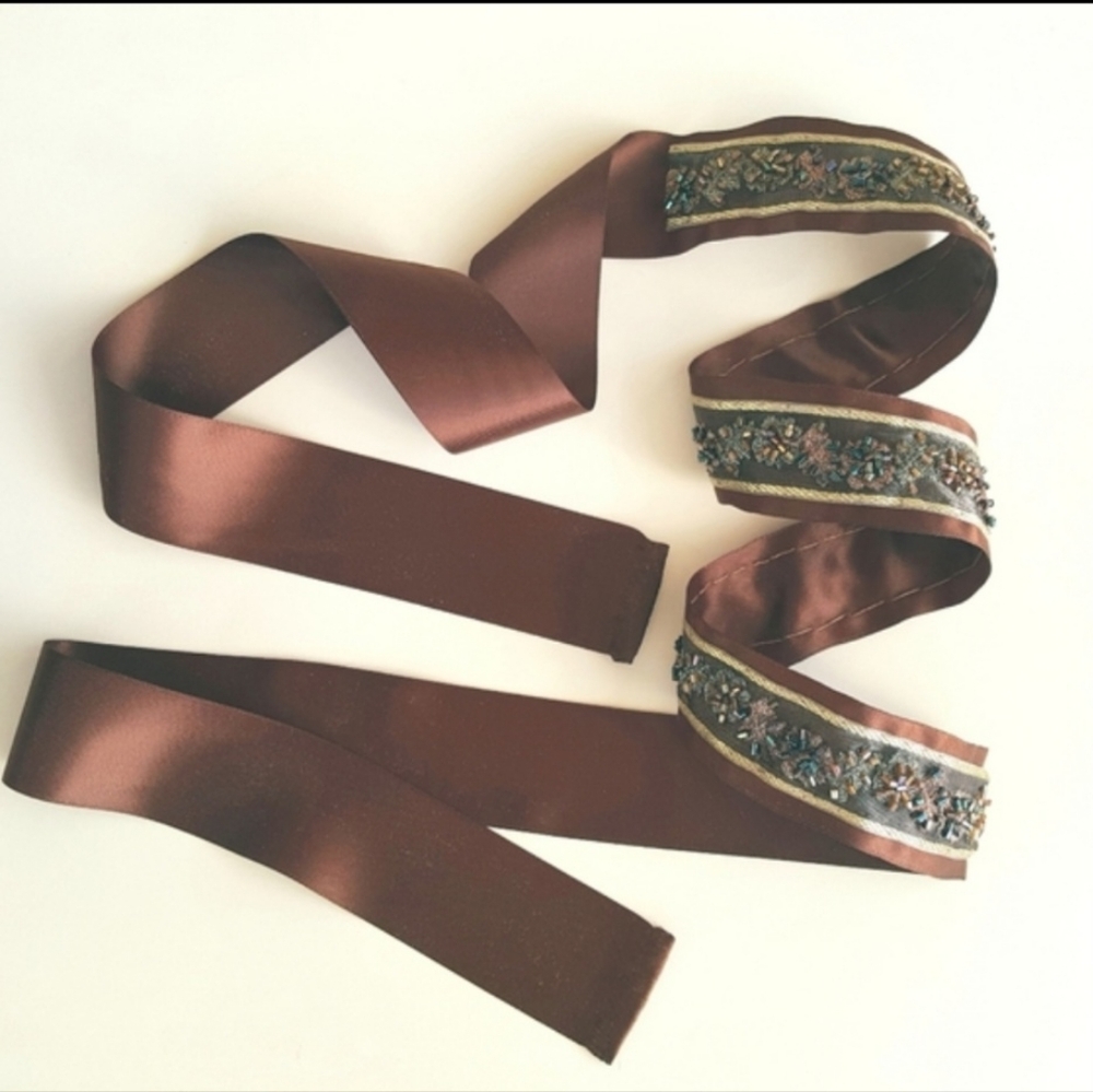 Metallic Satin Ribbon Chocolate Brown Purple Blue Iridescent Beads Tie Belt
